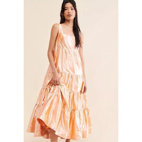 Anthropologie Let Me Be Metallic Tiered Maxi Dress Orange Sleeveless M - Picture 1 of 12